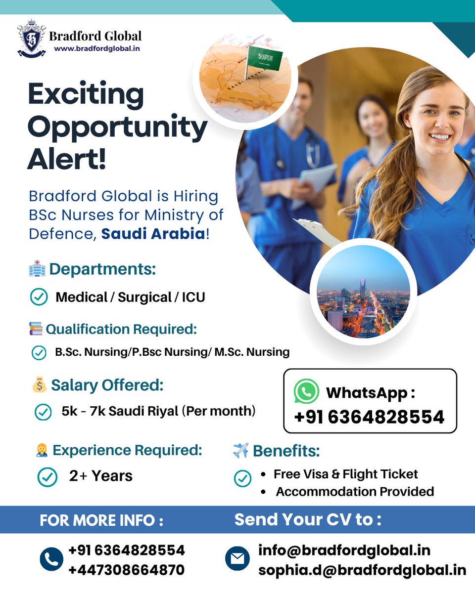 Join us in making a difference! Bradford Global urgently seeks BSc Nurses for the Ministry of Defence, Saudi Arabia. Competitive salary, plus benefits. Apply now! #NursingJobs #SaudiArabia #BradfordGlobal #NursingOpportunity #SaudiArabiaNursing #HealthcareCareer
