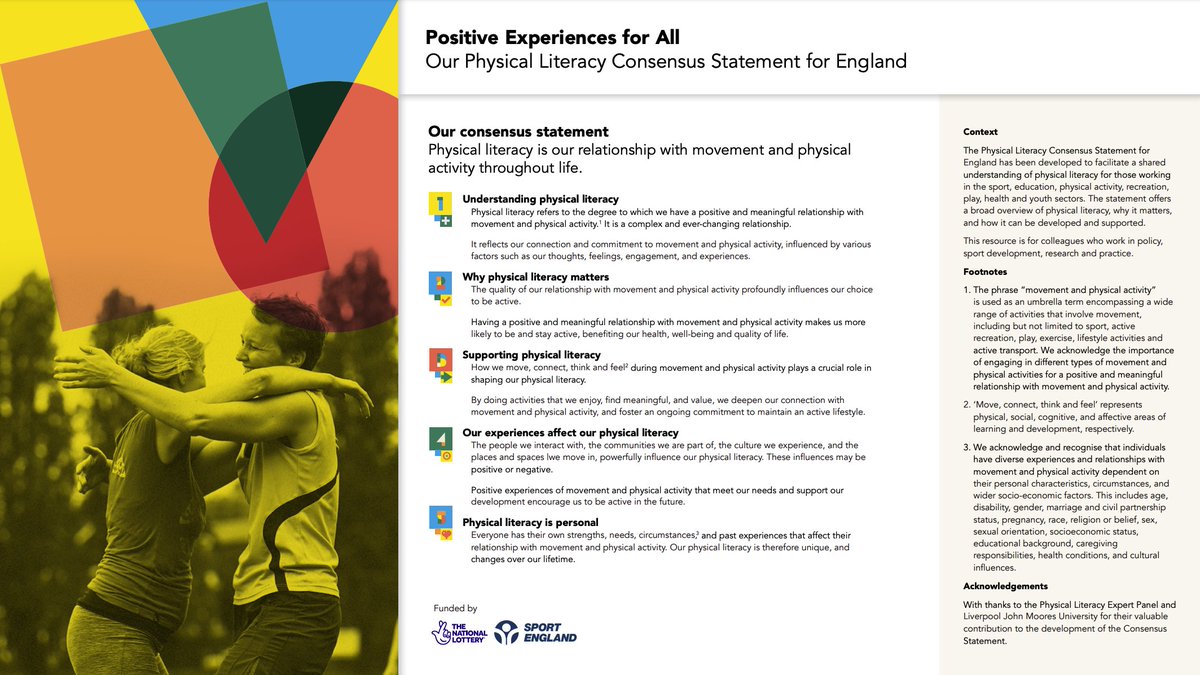 Sport England has just updated their physical literacy webpage. There's a new accessible version of the statement that you can download and a useful 'Positive experiences for all' report, that provides the context behind the work. sportengland.org/funds-and-camp…
