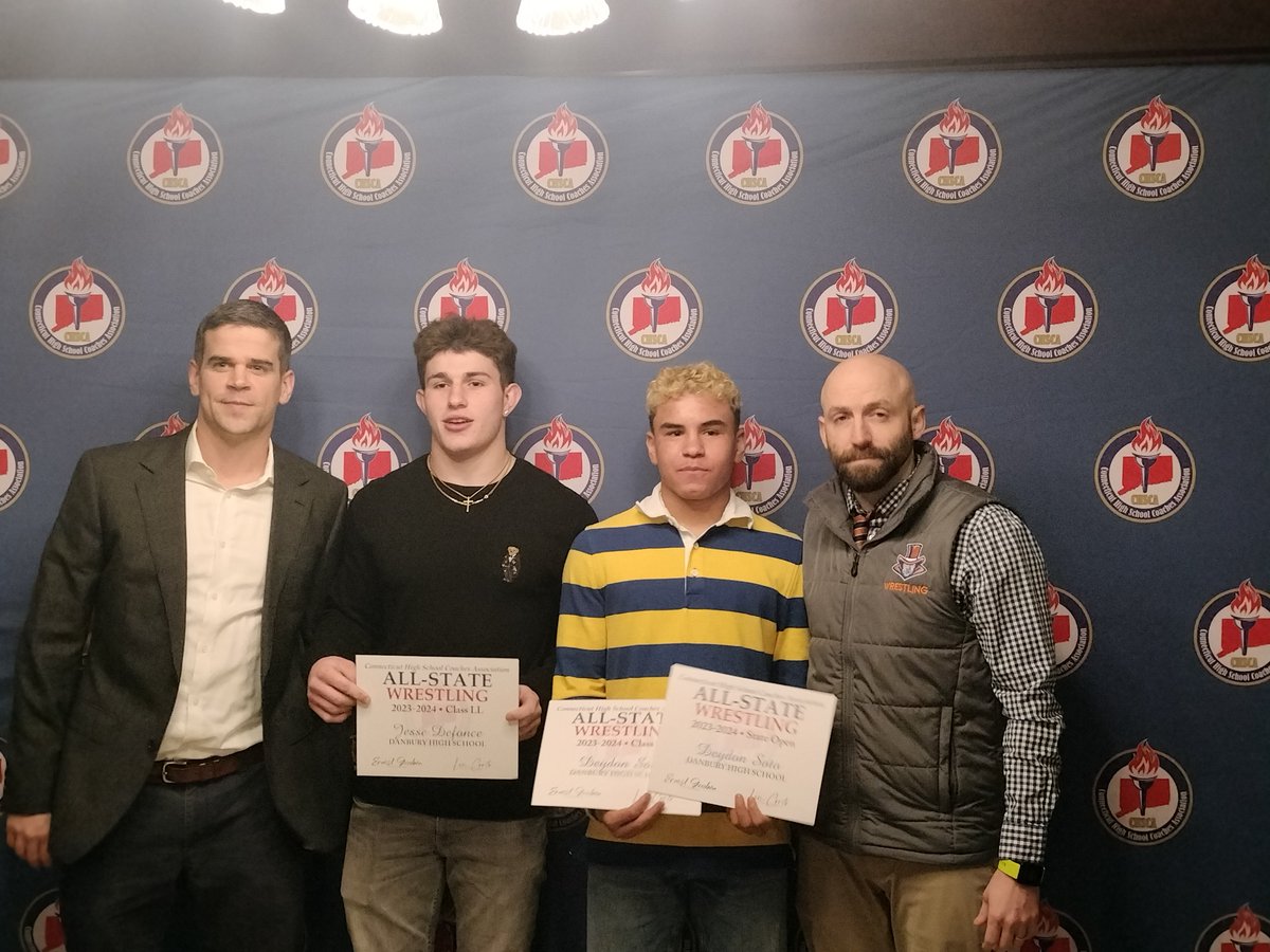 Danbury HS Athletics (@chipsalvestrini) on Twitter photo Congratulations to All State Wrestlers Jessie DeFonce and Deydon Soto! Shown with Hatter Coaches Kevin Larkin and Mike Silvestri at the All State Award Dinner at the Aqua Turf.
<a href="/HattersWrestle/">Hatters Wrestling</a> Congratulations to All State Wrestlers Jessie DeFonce and Deydon Soto! Shown with Hatter Coaches Kevin Larkin and Mike Silvestri at the All State Award Dinner at the Aqua Turf.
<a href="/HattersWrestle/">Hatters Wrestling</a>
