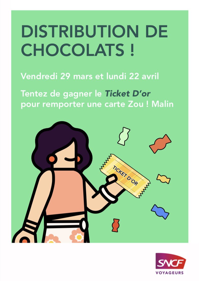 🍫 Ce vendredi 29 mars, @TERSUD_SNCF vous gâte avec une distribution spéciale de chocolats dans les gares. 🚆 Tentez de décrocher le ticket d’Or et de gagner une carte Zou! Malin. 🎉 #TicketDOr #ZouMalin