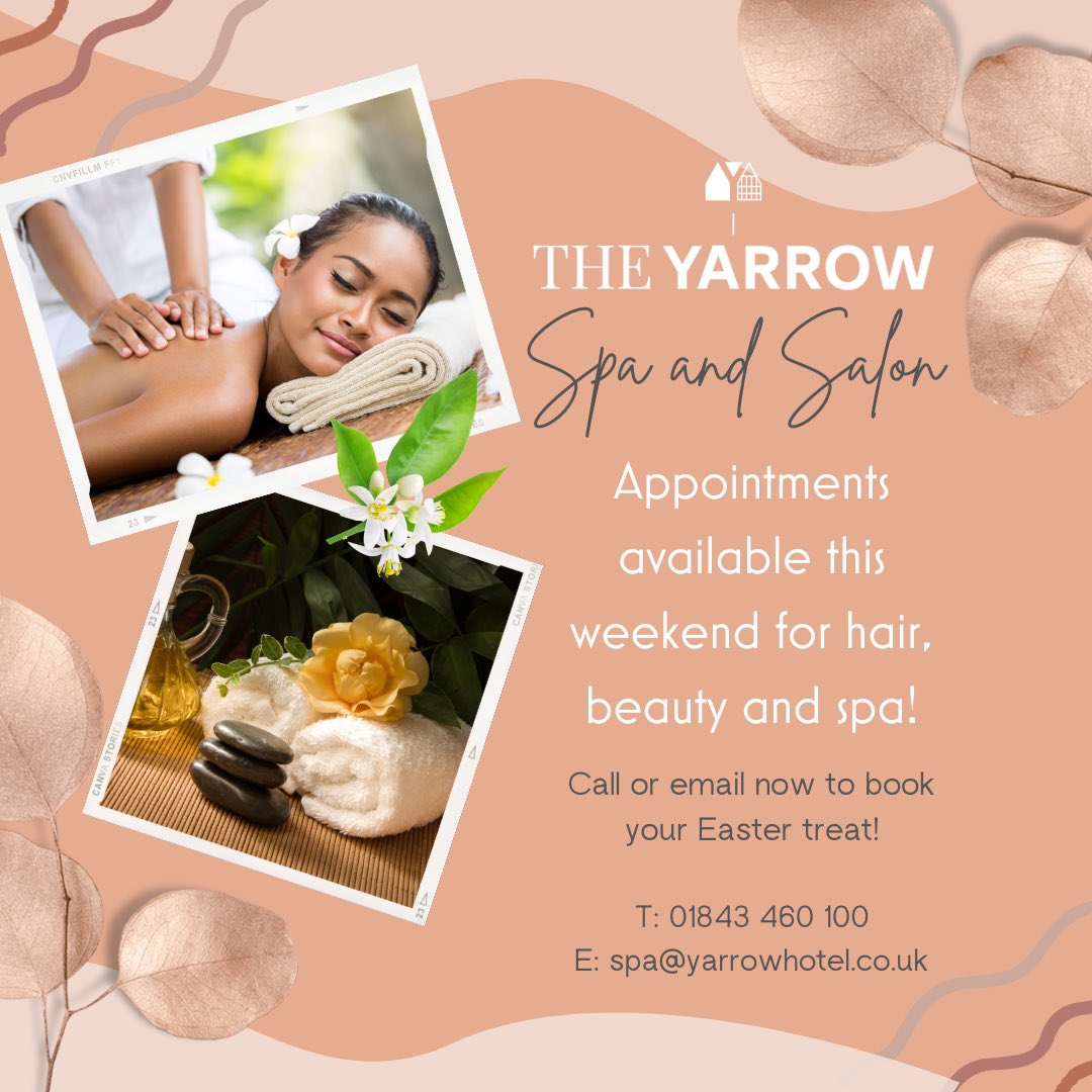 We have some hair, beauty and spa appointments available this weekend, why not treat yourself to a nice Easter pamper? 🧖🏼‍♀️🧘🏻‍♀️🐣🐰 #theyarrowhairandbeauty #theyarrowhotel #broadstairs #appointments #hairbeauty #spasalon