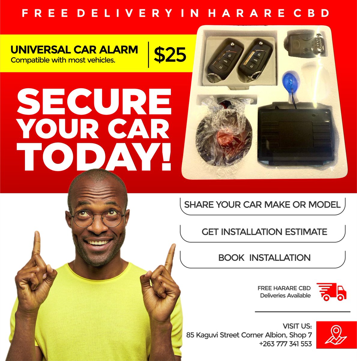 shop7zw's tweet photo. Car alarms are available for only $25(excluding installation). The car alarm comes with 2 remote controls for unlocking and locking, central locking and a shock sensor for the alarm.  

➡️85 Kaguvi corner Albion, Office Mall, Shop 7.
➡️https://t.co/yKt4lYq7mH
➡️+263 777 341 553 https://t.co/0noBKGCUDS