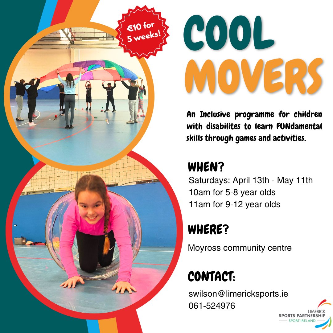 📣 Cool Movers - 5-week physical activity programme for children with disabilities. 📍 Moyross Community Centre 📆 Saturdays 13th Apr – 11th May ⏰ 10am 5 – 8 yr olds ⏰ 11am 9 – 12 yr olds 💶 €10 🔗 limericksports.ie/event/cool-mov… @sportireland @Limerick_ie @AD_Ireland @DSLimerick