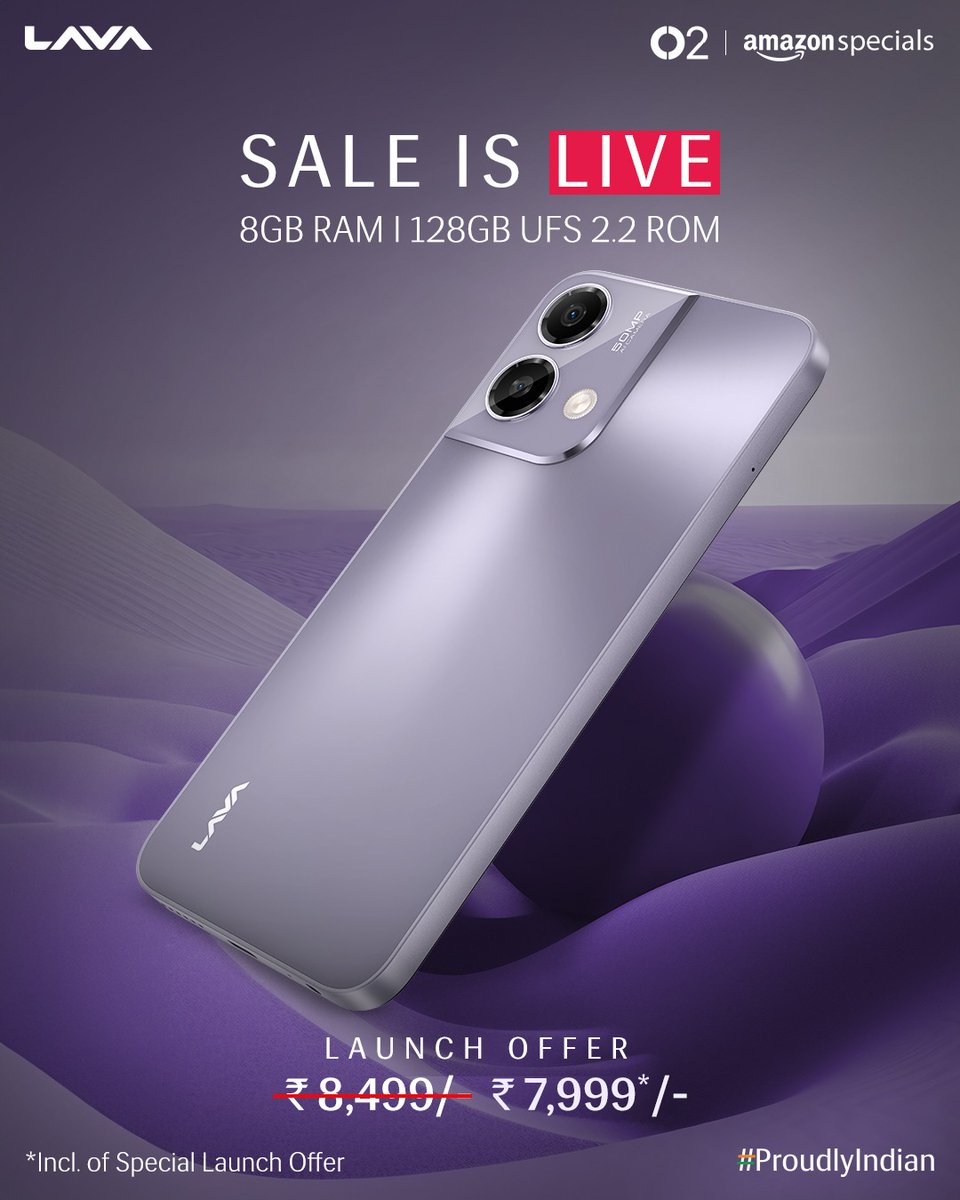 LavaMobile's tweet photo. #LavaO2: Sale is LIVE!
From music to messages, this performer really outshines them all with 8GB RAM | 128GB UFS 2.2 ROM!
Special launch offer: ₹7,999*
Available on Amazon: https://t.co/tKhXHyK9cA
*Incl. of special launch offer
#TheRealPerformer #LavaMobiles #ProudlyIndian https://t.co/d4g73KFSr9