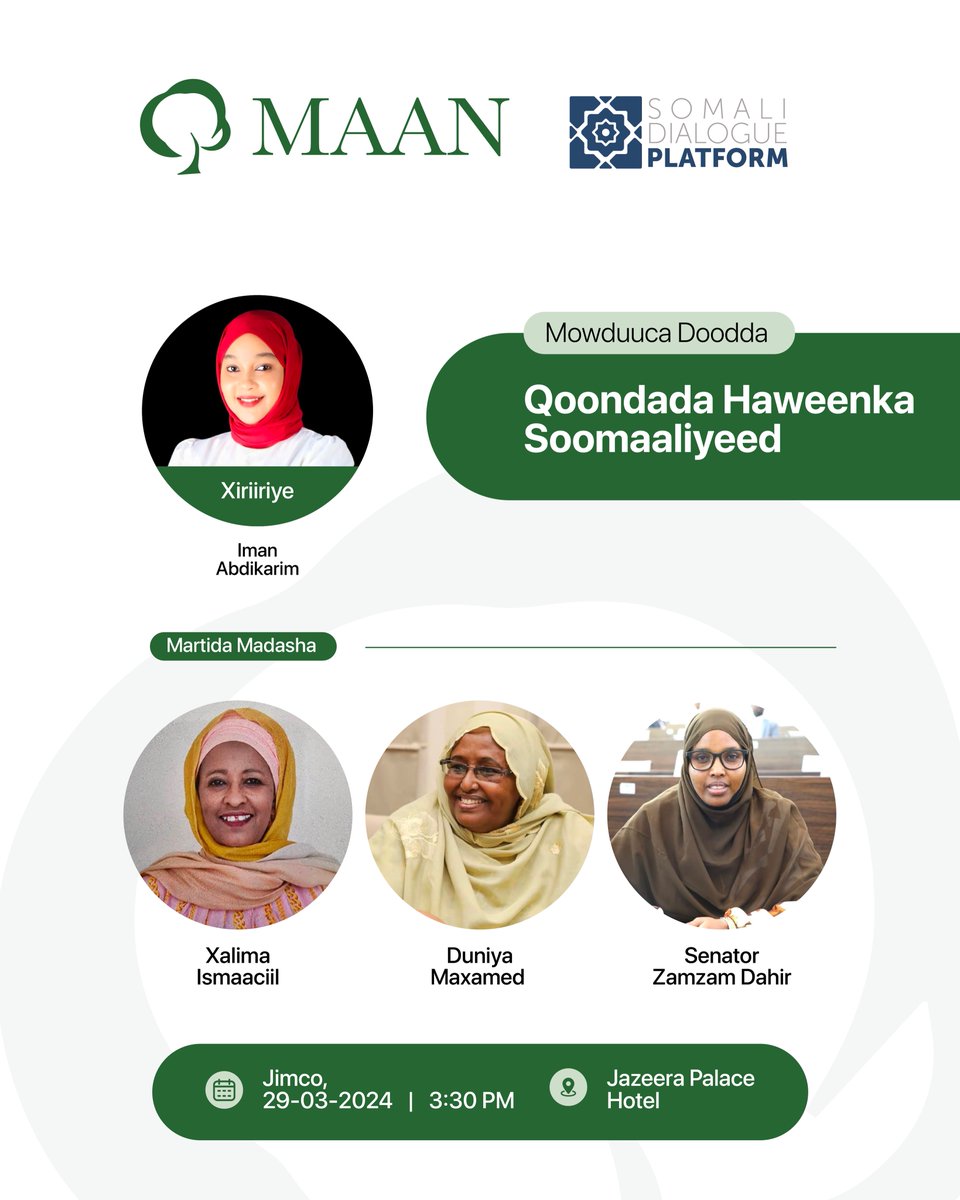 MAAN_HQ's tweet photo. Tomorrow, @MAAN_HQ is delighted to host a forum for the Somali Women's Quota Implementation Committee @SWQIC24. The forum will include a panel discussion, Q&amp;A session, and insights from distinguished speakers #SomaliWomenQuota #MAANforum https://t.co/jXDtUTGDNN