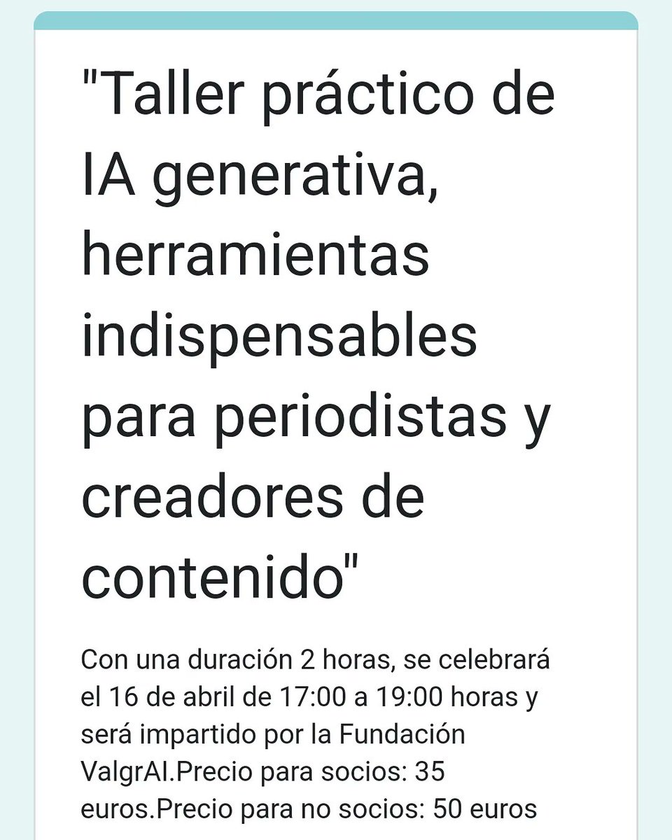 Precio para socios: 35 euros.
Precio para no socios: 50 euros

docs.google.com/forms/d/e/1FAI…

#PeriodismoDeVerdad #DesinformaciónNoPasa #TallerOnline #Sinperiodistasnohayperiodismo #APPV #appv_periodistas #periodistasvalencianos #periodistas #periodismo #cursointeligenciaartificial