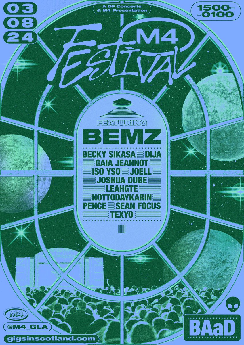 ITS FINALLY OUR TURN. I PRESENT TO YOU M4 FESTIVAL 🌍 I have been developing this concept for a while now and I’m happy we can bring it to life this 3rd August at BAaD in Glasgow across two stages. PRESALE LIVE NOW (VIA MAILING LINK). GENERAL SALE TUESDAY 2ND APRIL. 🌍