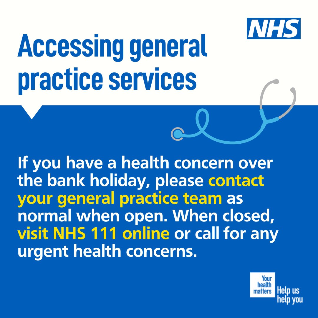 If you're feeling unwell over the Easter Bank Holiday Weekend, contact your GP surgery as normal during their opening hours. When they're closed, use 111.nhs.uk to get the advice and help you need 24-7, including a call back from a healthcare professional if needed.