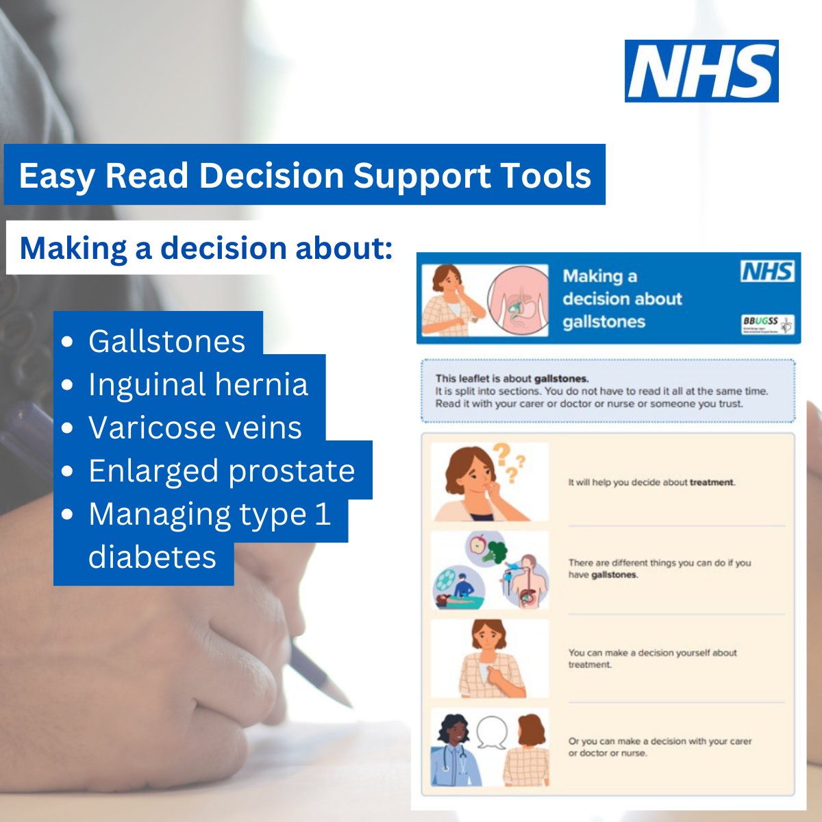 .@NHSEngland decision support tools now include Easy Read versions covering five conditions. They help shared decision making between clinician and patient by explaining treatment, care and support options to help consider what matters most to the person. england.nhs.uk/personalisedca…