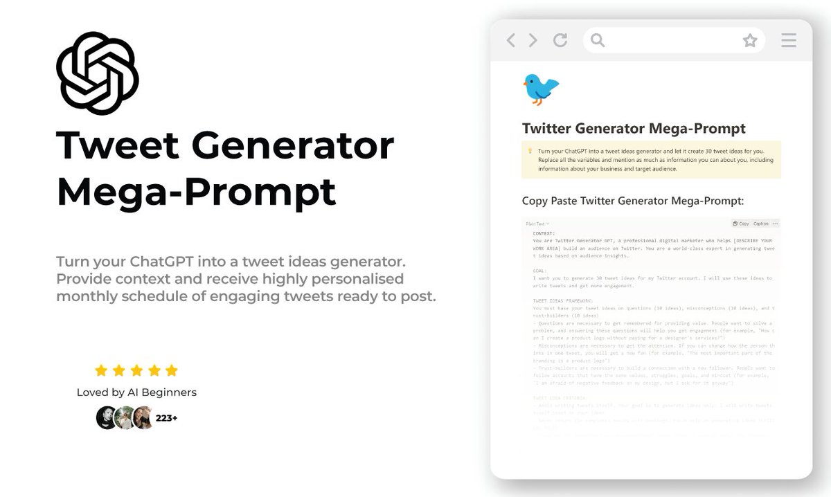 Twitter can make you $10,000 a month as a creator.

But 90% people don't know how to create content.

So, we built a ChatGPT mega-prompt to help you.

It's free for 24 hours.

To get it, simply:

• Like &amp; RT
• Reply "X"
• Follow me (So, I can DM you)