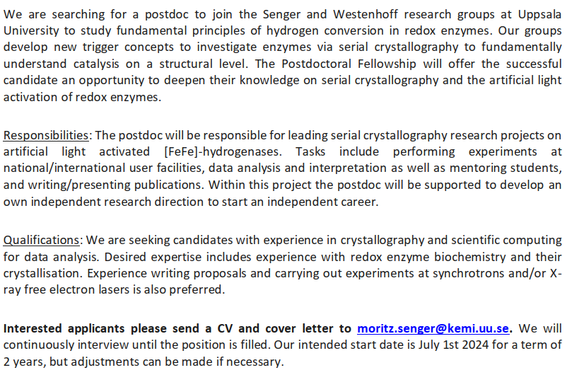 We have a two year Postdoctoral Fellowship targeting the structural description of H2 catalysis in [FeFe]-hydrogenases available.
👇👇👇
@swestenhoff @UUBiochem @UU_University