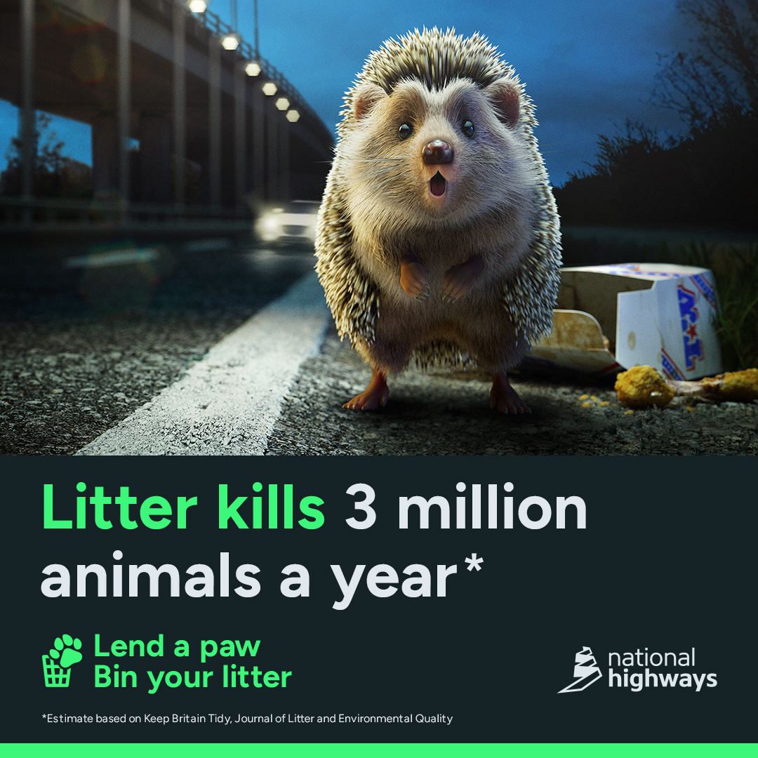 Litter kills an estimated 3 million animals every year.* Use a bin, or wait until you get home 🥤🗑️ We're proud to support the National Highways' litter campaign: orlo.uk/x8w5j *Estimate based on Keep Britain Tidy, Journal of Litter and Environmental Quality.