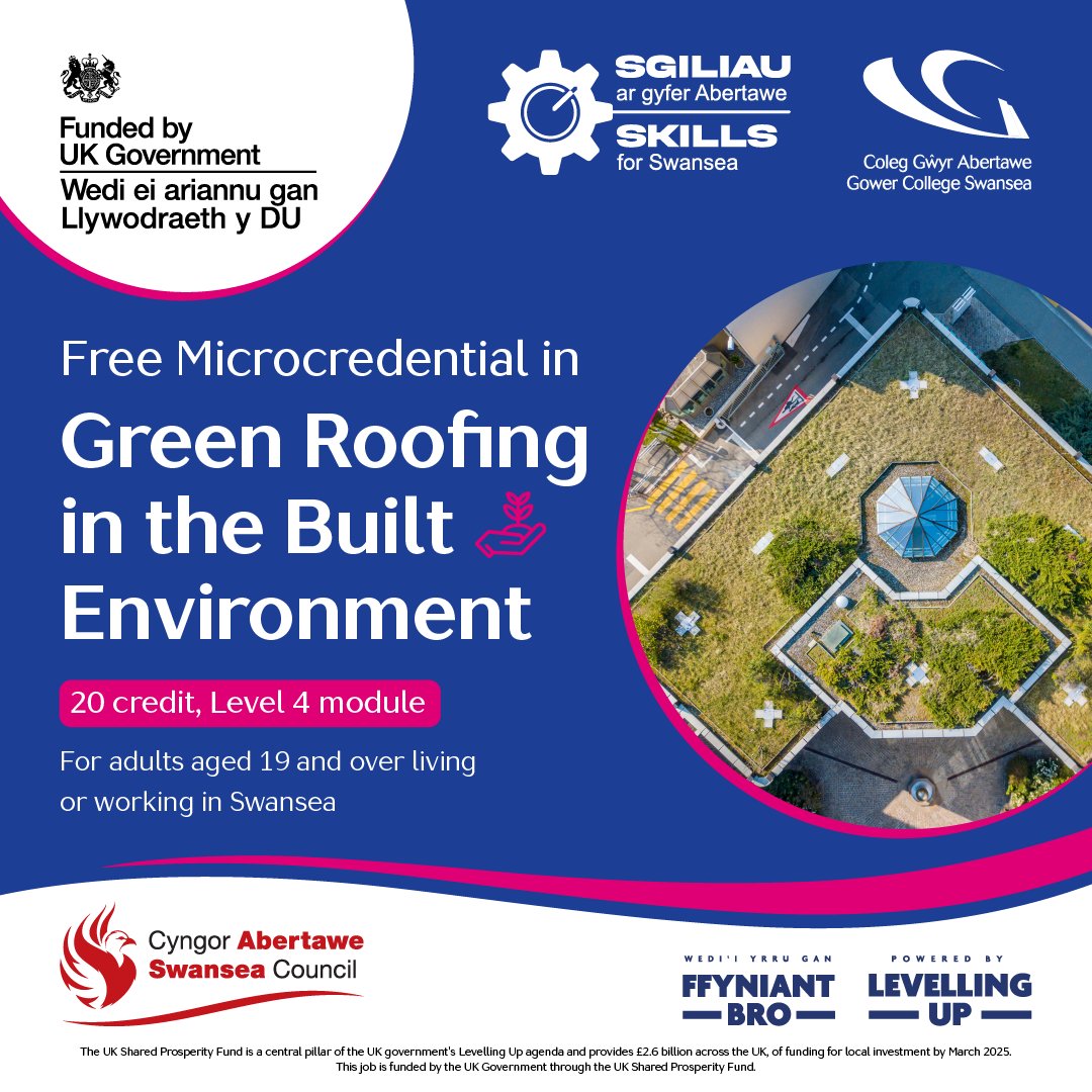 Free Microcredential in Green Roofing in the Built Environment! 🌿🏠

Learn everything from concept to design, including planning, implementation and maintenance.

Find out more 👉bit.ly/3uyMkVb

✉️ Skills4Swansea@gcs.ac.uk

@GowerCollegeSwa