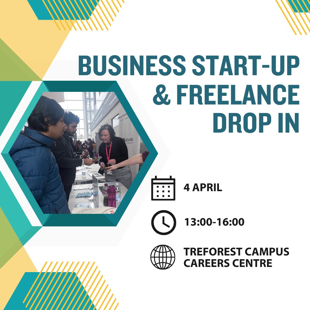 🌟BUSINESS START-UP & FREELANCE DROP IN Come and say hello to the Entrepreneurship team. 4 April 13:00-16:00 Treforest Campus – Careers Centre 👉️ bit.ly/DropInTreforest