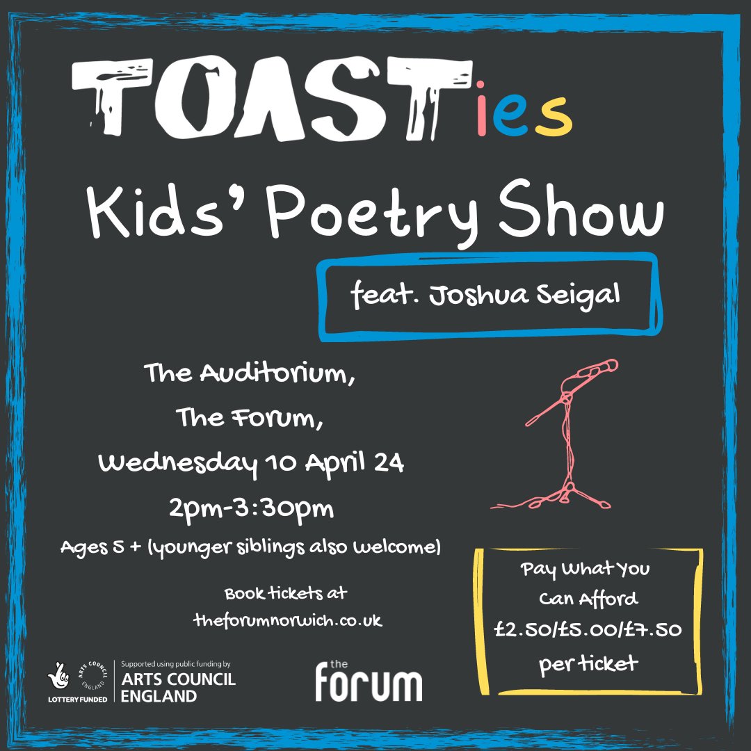 We've got some AMAZING events this April. Come and see us @TheForumNorwich for FREE POEMS, followed a few days later by our extraordinary kids' poetry show, TOASTies with @joshuaseigal Pay What You Can Afford! 10th April 2024, 2pm-3:30pm theforumnorwich.co.uk/whats-on/toast…