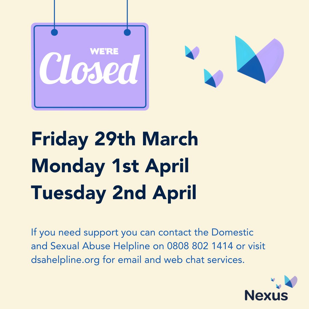 Our premises are closed for Easter break from 5pm today, re-opening at 9am on Wednesday 3rd April. If you need support during this time, you can contact the @dsahelpline 24/7 via one of the below: 📞 0808 802 1414 📧 help@dsahelpline.org 🗨️ dsahelpline.org