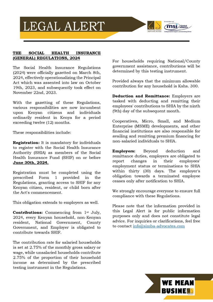 SimbaAdvocates's tweet image. #LetsDiscussit the Social Health Insurance (General) Regulations 2024 were gazetted on 8th March 2024 operationalizing the Principal Act. 

Join us as we highlight some its implications in this Legal Alert.

#SocialHealthInsuranceAct
#WeMeanBusiness