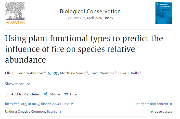 Ella Plumanns Pouton (@ellapouton) on Twitter photo New paper from my PhD with @luketkelly , Matt Swan, and <a href="/trentpenman/">Trent Penman</a> !
sciencedirect.com/science/articl…
We harnessed the incredible diversity of plants and their traits, to see if we could predict how plant populations change according to time since fire (from 0 to 81 years). New paper from my PhD with @luketkelly , Matt Swan, and <a href="/trentpenman/">Trent Penman</a> !
sciencedirect.com/science/articl…
We harnessed the incredible diversity of plants and their traits, to see if we could predict how plant populations change according to time since fire (from 0 to 81 years).