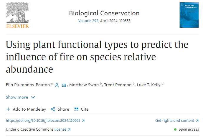 New paper from my PhD with @luketkelly , Matt Swan, and @trentpenman ! sciencedirect.com/science/articl… We harnessed the incredible diversity of plants and their traits, to see if we could predict how plant populations change according to time since fire (from 0 to 81 years).