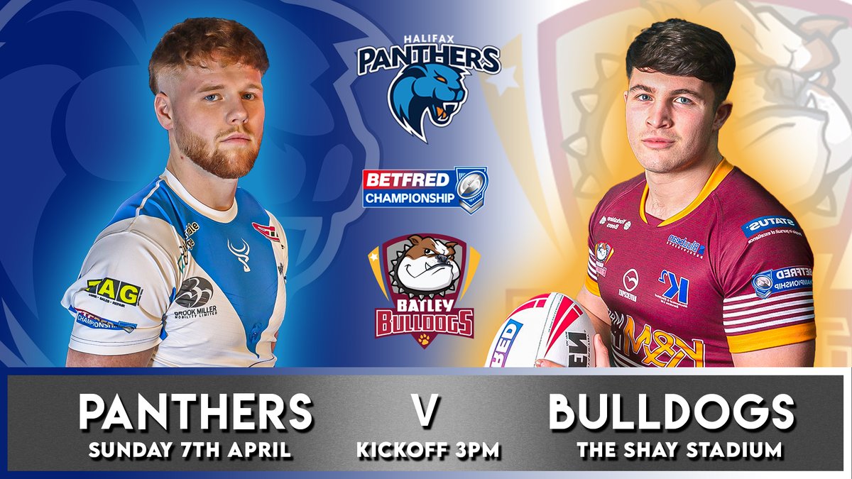 FIRST LEAGUE GAME AT THE SHAY 🔵⚪️🐾 

Advance Tickets and Hospitality Packages are on sale now for our Betfred Championship Home Opener against <a href="/BatleyRLFC/">Batley Bulldogs RLFC</a> on Sunday 7th April 

Tickets: tickettailor.com/events/halifax…
For Dining, call 01422 342792 or book online halifaxpanthers.co.uk/product/hospit…