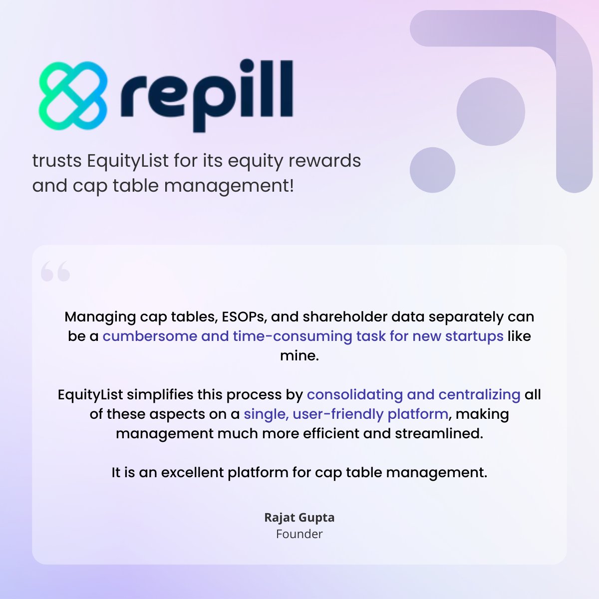 EquityListHQ's tweet image. Rajat Gupta, founder of Repill, talks about the cumbersome process of managing cap tables and stock options before using EquityList.

@repillquick is revolutionizing access to medications through innovative technology. 💊

#esops #captablemanagement