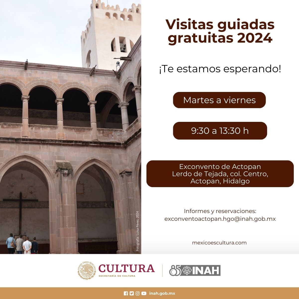 El Exconvento de Actopan cuenta con servicio de visita guiada gratuita a grupos escolares y público gral.
Reserva: exconventoactopan.hgo@inah.gob.mx

🗓️Martes a domingo, 9-17 h
🎟️ $75
#Gratis estudiantes, profesores, jubilados, 3a edad con credencial y domingos a público nacional