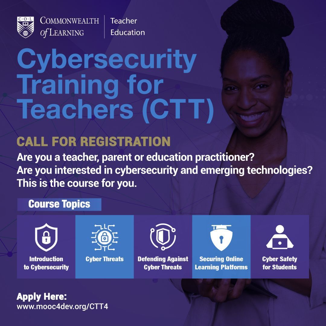 Take your teaching to the next level with Cybersecurity Training for #Teachers (CTT). Gain insights into #cyberthreats and best practices to keep your classroom safe.  

Dive into 5 weeks of essential #cybersecurity training! Visit: buff.ly/42TOBGD 

#OnlineLearning #CTT4