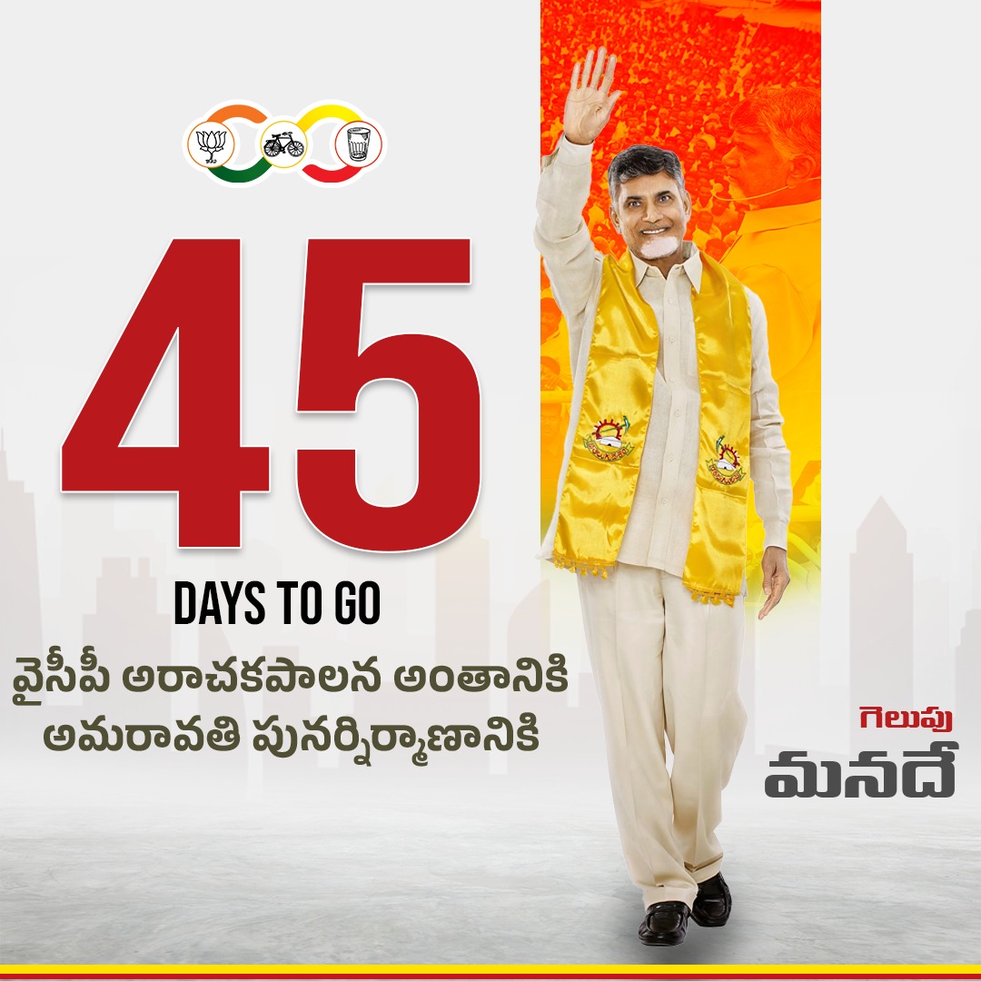 BeingMcking_'s tweet photo. జగన్ ఐదేళ్ల అరాచక పరిపాలన పోయి, అభివృద్ధిని పరుగులు పెట్టించే కూటమి ప్రభుత్వ ఏర్పాటుకు కేవలం 45 రోజులు మాత్రమే.
#45DaysToGo
#PrajaGalam https://t.co/AOWnnFMtWb