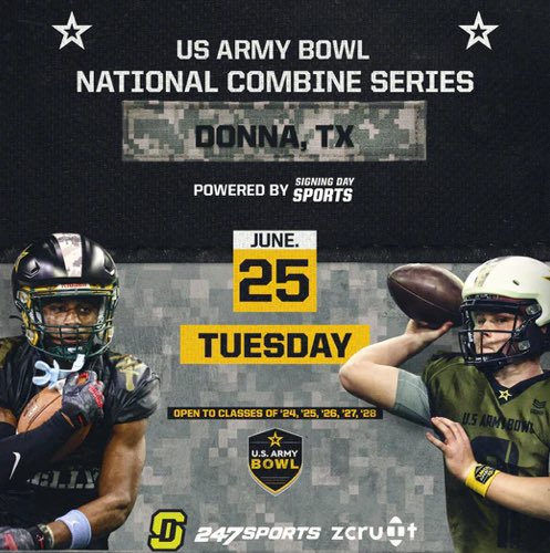 Beyond blessed to be invited to compete in the <a href="/ArmyBowlCombine/">USArmyBowlCombine</a>! 
Thank you <a href="/MattSeiler_SDS/">Matt Seiler</a> for the invitation! <a href="/EHSCoachLopez/">Julio Lopez</a>