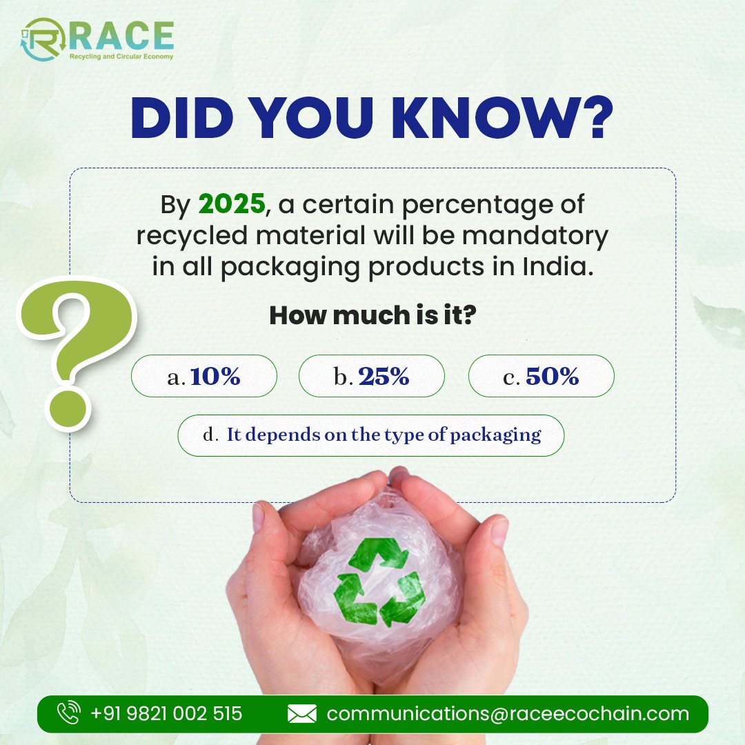 Get ready for a greener India! What percentage of recycled material will be mandatory in packaging by 2025?

#circulareconomy #recycling #india #sustainability #plasticpollution #ecofriendly #ecoconscious #zerowaste