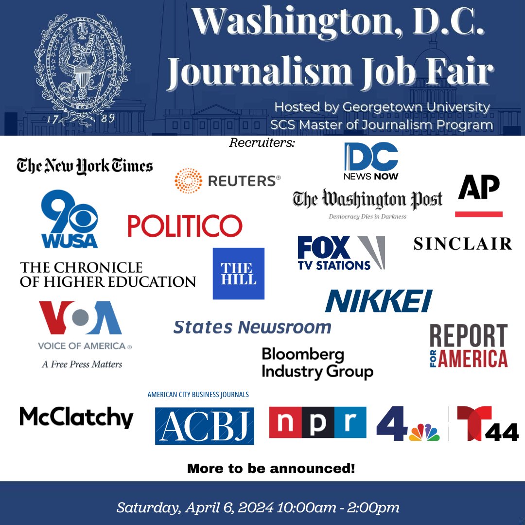 DEADLINE DAY! Don't miss out on your chance to meet with top journalism outlets at the D.C. Journalism Job Fair on April 6th! No walk-ins will be accepted and this is the last day to register! See you there: eventbrite.com/e/2024-dc-jour…