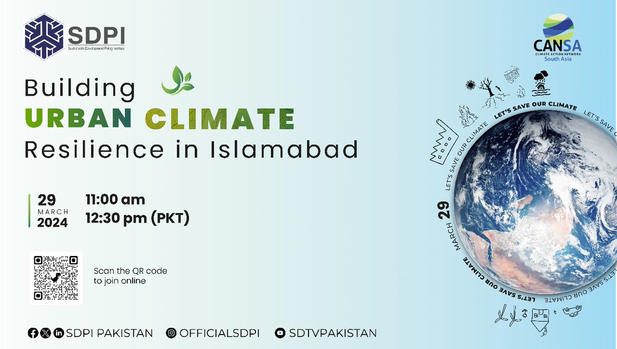 #EVENT @CANSouthAsia and @SDPIPakistan organise a Stakeholder Consultation on: 'Building Urban Climate Resilience in Pakistan' 29 March 2024 | 11 am-12.30 pm PKT SDPI Conference Hall More details here: cansouthasia.net/stakeholder-co… To join online, scan QR code in the poster.