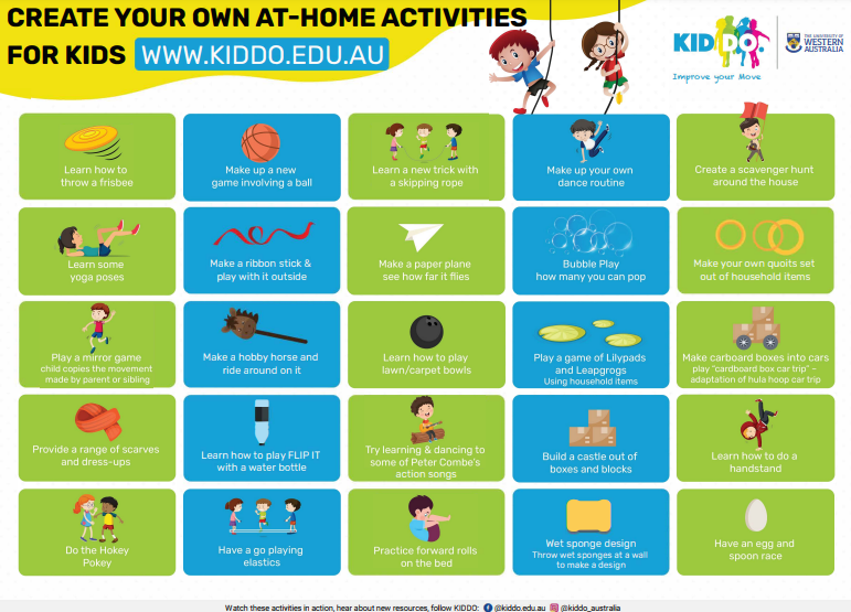 Educators - want to share resources with families for the Easter break? 
Check out our great resource - 'create your own 25 activities at home'. Perfect for 3-8 year olds, these fun activities are a great way to encourage active play &amp; keep kids moving 🤸‍♂️
kiddo.edu.au/school/library…