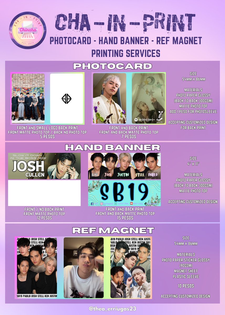 thea_erriugas23's tweet photo. CHA - IN - PRINT

DM if interested
Discount offered for bulk orders💙

Pa-print na po kayo pandagdag ipon lang para sa ticket ng MAHALIMA 🥰

Photo Credits to: Mac Igarta IG, SB19 IG, Josh Cullen IG, Justin IG 

Also available for other PPop Groups 💙

#ChaInPrint https://t.co/r10VanU9wu