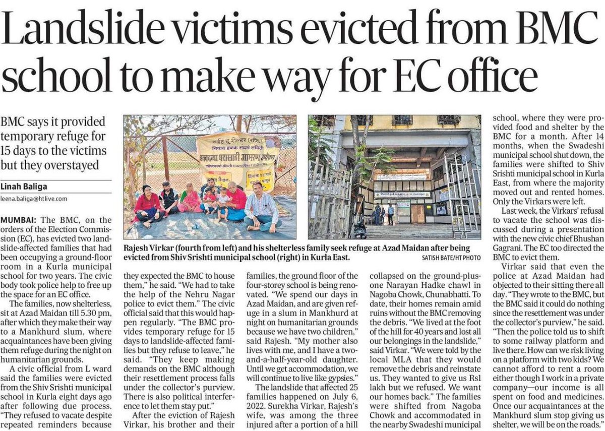Landslide victims evicted from BMC school to make way for EC office BMC says it provided temporary refuge for 15 days to the victims but they overstayed Read here : hindustantimes.com/cities/mumbai-… @htTweets @linahOlinah