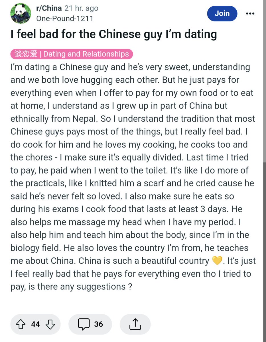 LCA176232's tweet image. 一位正在和国男交往的外国女生感叹：中国男人很好就是啥都要抢着付钱，付出太多了，这让她很难过，为此和男朋友相处时总是想确保两人所做的事平均分配，她还举例说给男朋友亲手织了一条围巾，男朋友就感动不已，甚至还哭了，说他从来没有感觉到这么被爱过......