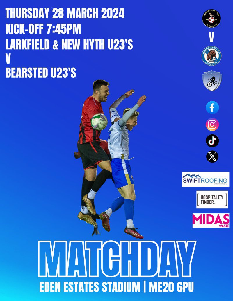 MATCHDAY!! Tonight our u23’s take on <a href="/LNHFC1961/">Larkfield & New Hythe F.C.</a> Kick-off 745pm #bearstedfc #beasr #football #scefl #kent #matchday #u23 <a href="/SCEFLeague/">Presence & Co. SCEFL League</a> <a href="/NonLeagueCrowd/">Non League Crowds</a>