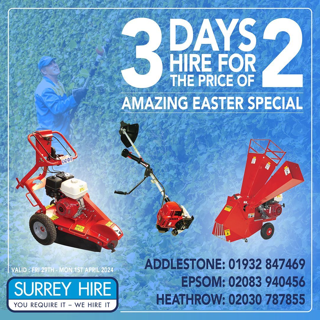 LAST CHANCE to save this Easter with Surrey Hire! 3 days of tool and plant hire for the price of 2, from tomorrow to Monday 1st April 2024. Visit our website at buff.ly/3kHVgy3 for full range. #surreyhire #toolhire #planthire #surrey #addlestone #heathrow #epsom