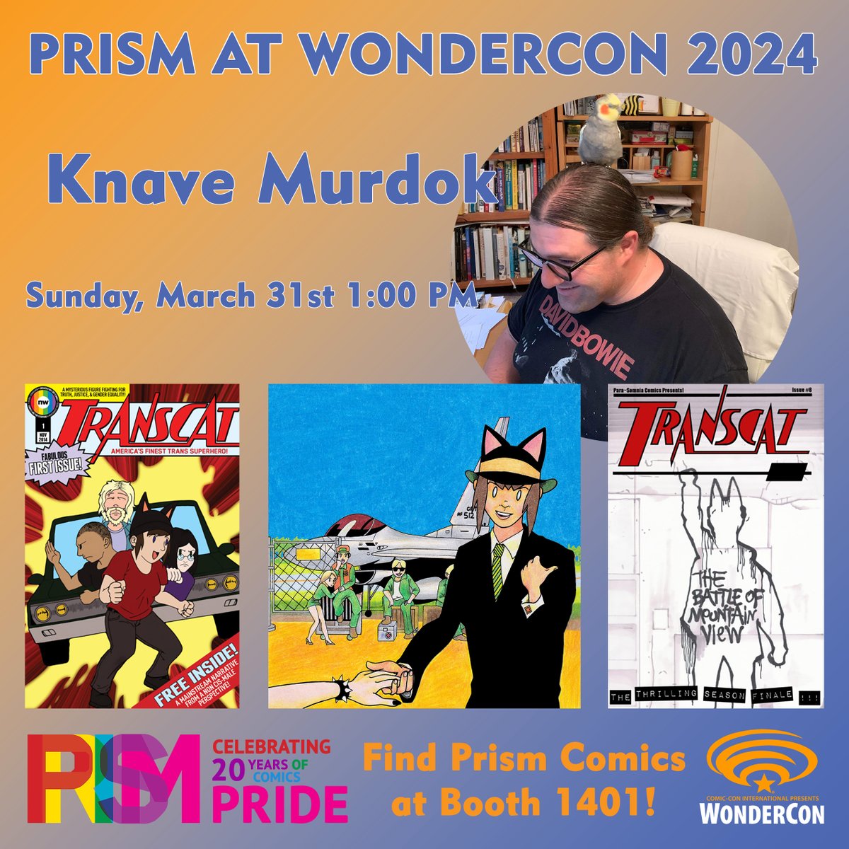 Knave Murdok, the cartoonist behind Transcat, will be appearing with @PrismComics at @WonderCon! Meet her at booth 1401 Sunday, March 31st at 1:00 PM!