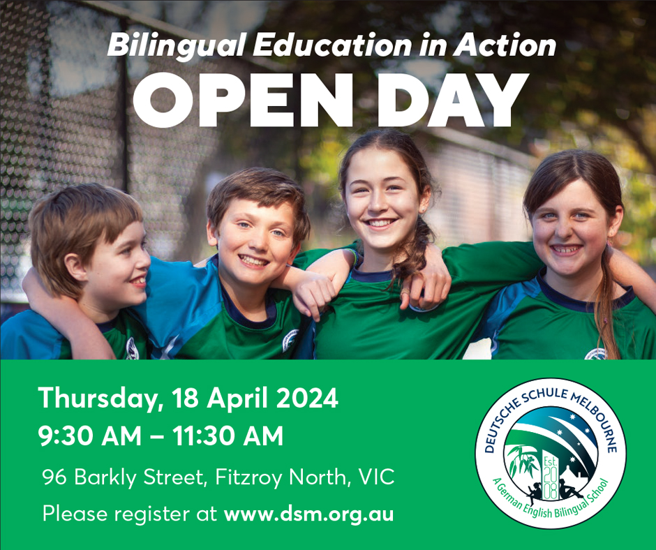GermanyInOz's tweet photo. 📢 Visit the first Deutsche Schule Melbourne  🎓 #OpenDay2024 on  ⏰Thursday 18 April 2024 from 9.30am to 11.30am. The event will give you an insight into bilingual education.  🍵☕ and  🇩🇪🍰 will be there. Register here: https://t.co/tHBPmuUlJ4
#bilingualeducation https://t.co/CIKzrselp8