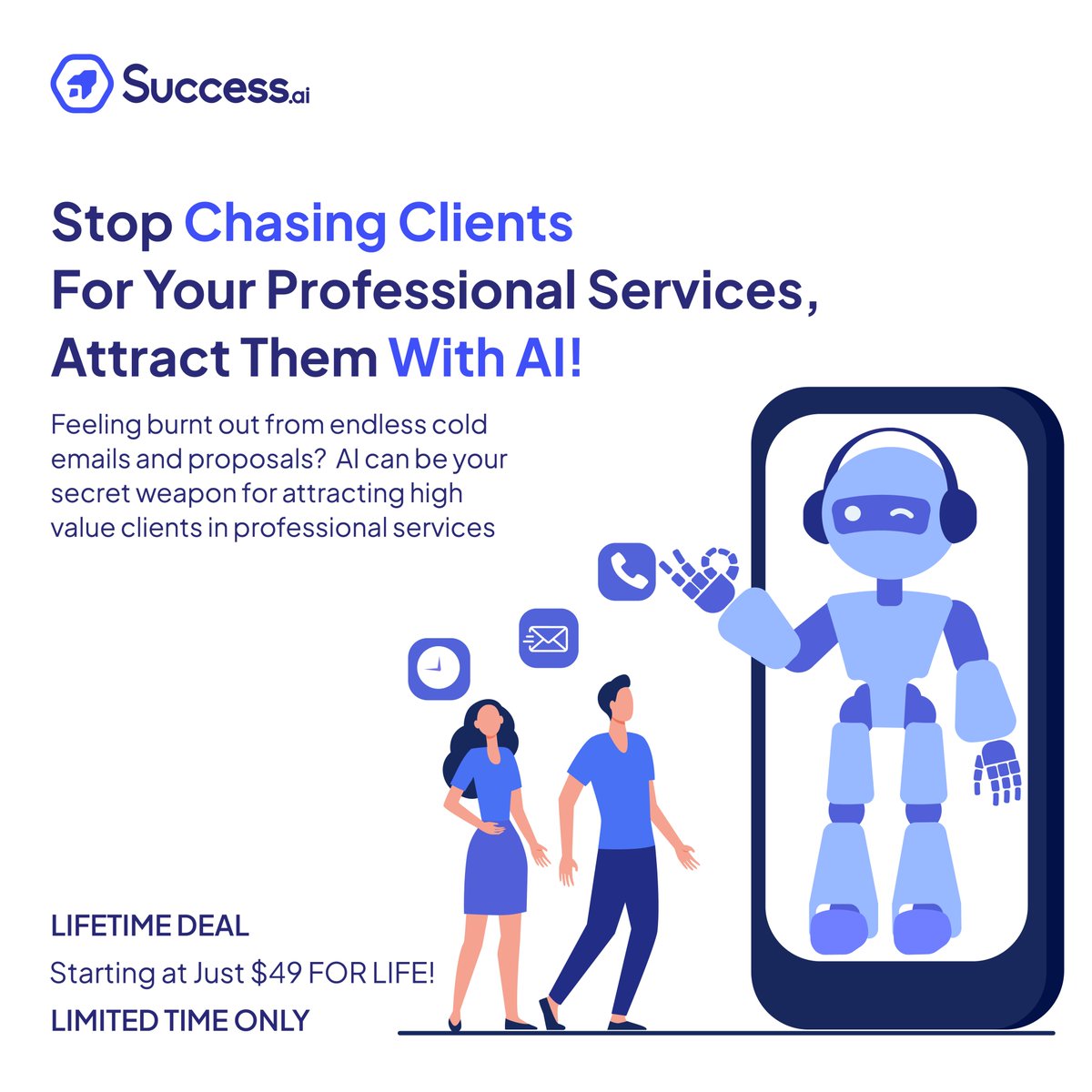 Transform your client acquisition with AI! Target ideal clients, craft personalized pitches, and automate follow-ups effortlessly. Get Success.ai's LIFETIME DEAL at $49! Limited time offer! #AI #B2Bleads #SuccessAi #LeadGeneration