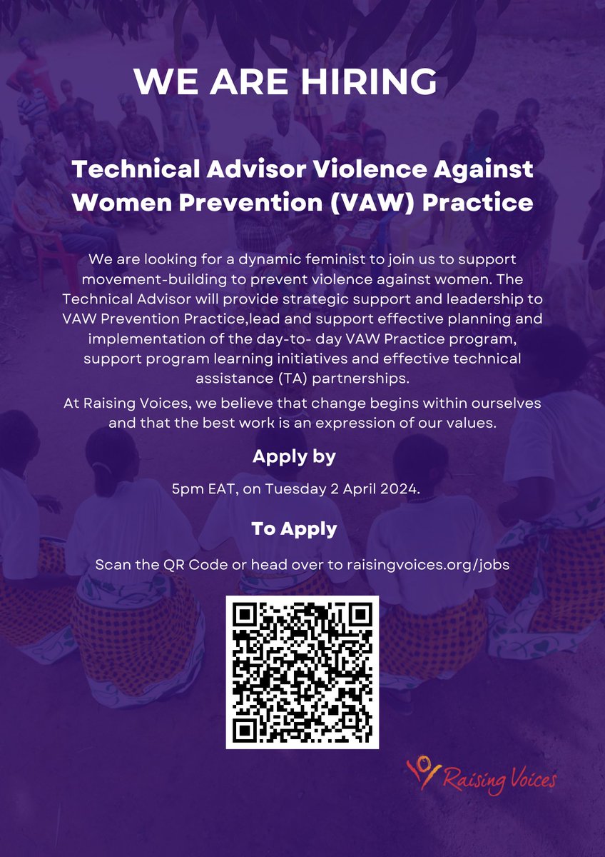 #FeministOpportunity

Have you applied yet? We are looking for an enthusiastic feminist to take up the role of the VAW Prevention Coordinator who will provide strategic support and leadership to VAW Prevention Practice.

Apply here raisingvoices.org/jobs/technical…