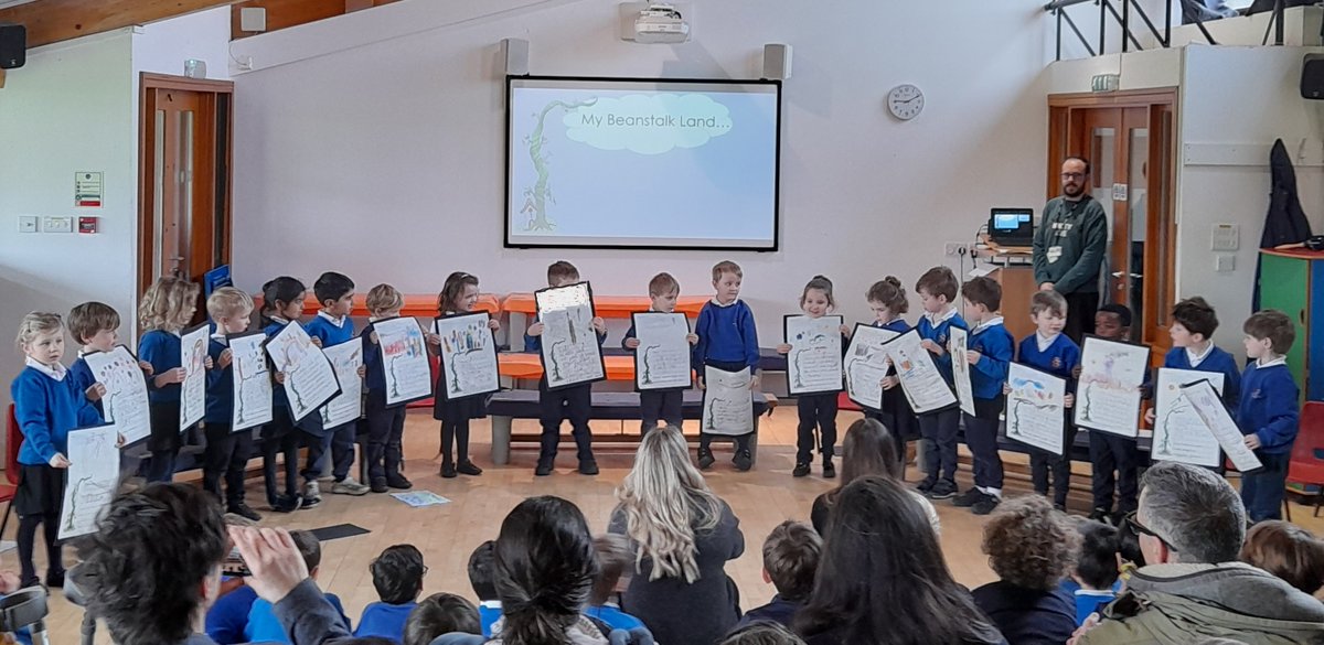 The children in Reception classes recently welcomed parents to watch their Celebration of Learning Assemblies where they confidently exhibited beautiful and imaginative drawings and shared descriptions of their own magical beanstalk lands through memorised poems.