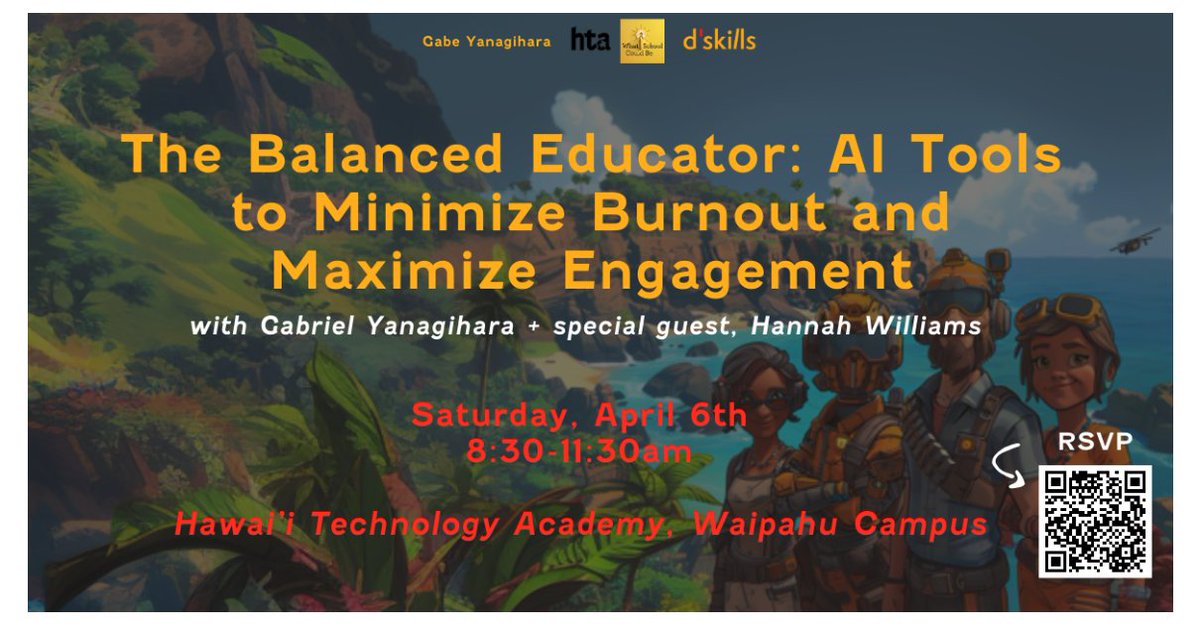 There are still a few seats left for this free workshop put on by What @SchoolCouldBe, @GabrielMY and Hannah Grady Williams at @getdskills. Awesome design and execution support from Brett Tanaka/Miki Cacace at our @HIDOE808 computer science branch. Scan the QR code. #808educate