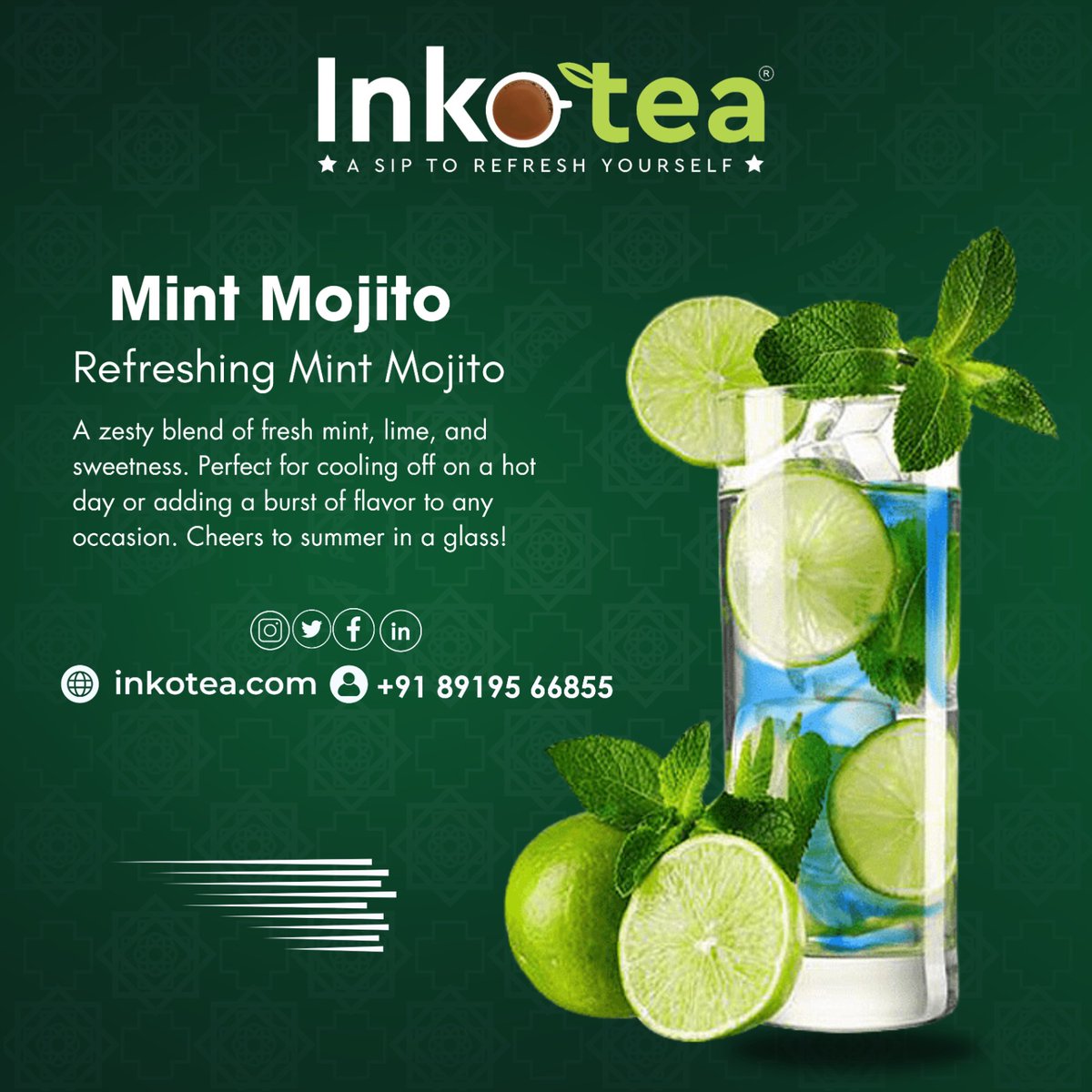 🌿🍹 Introducing Inkotea's Refreshing Mint Mojito! 
Dive into a world of tantalizing taste with our latest creation – the Mint Mojito!
#Inkotea #MintMojito #Refreshment #SummerVibes #DeliciousDrinks #ThirstQuencher #Gingertea #SavorTheSip #TeaFlavors #TeaExploration #Tea
