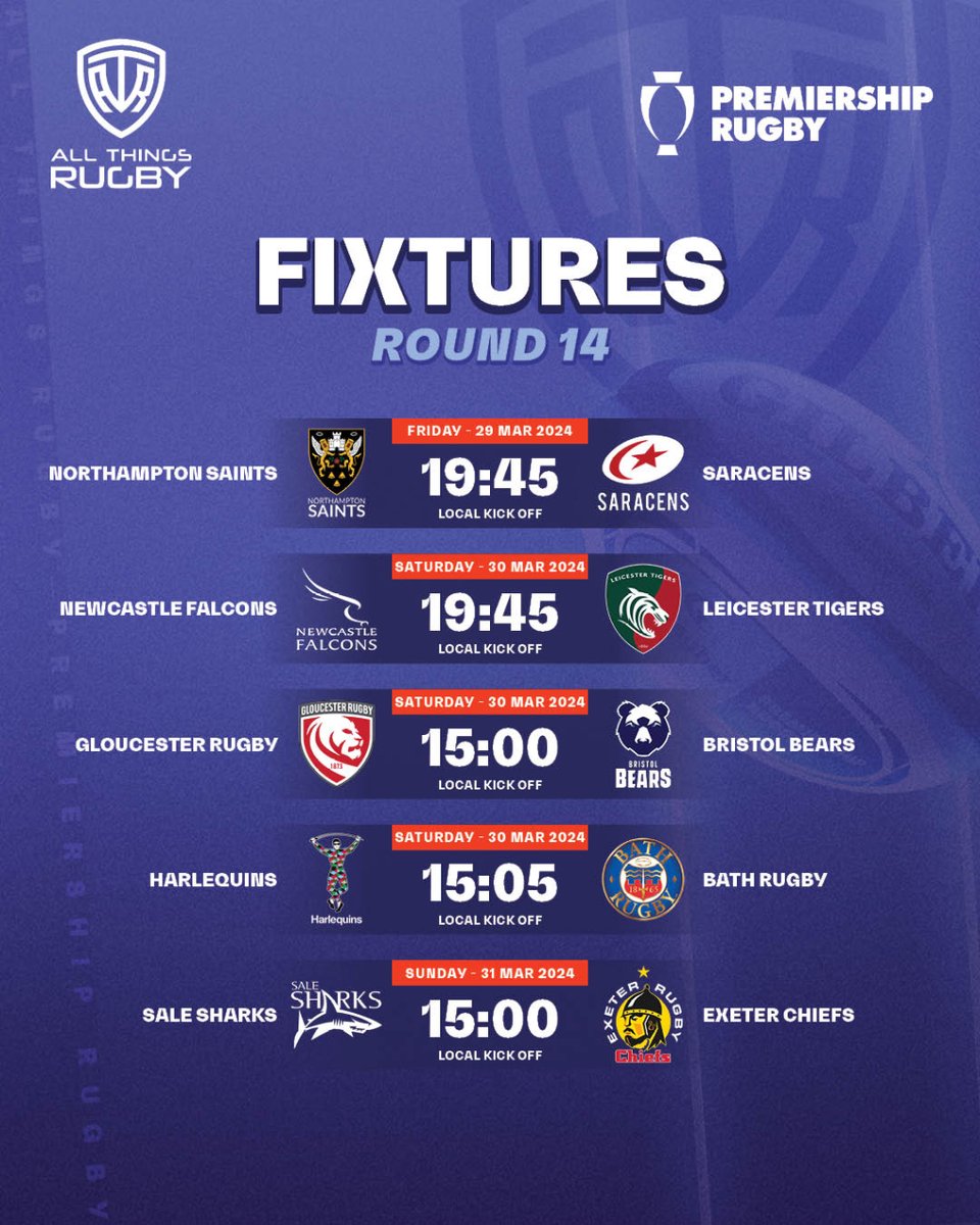 It doesn't get easier for Quins after last week as Bath travel to the Stoop. 1st vs 3rd on Friday as Saints welcome Sarries. And is this the week Newcastle finally get a win.

#EnglishPremiership #EnglandRugby #PremiershipRugby #PremRugby #England