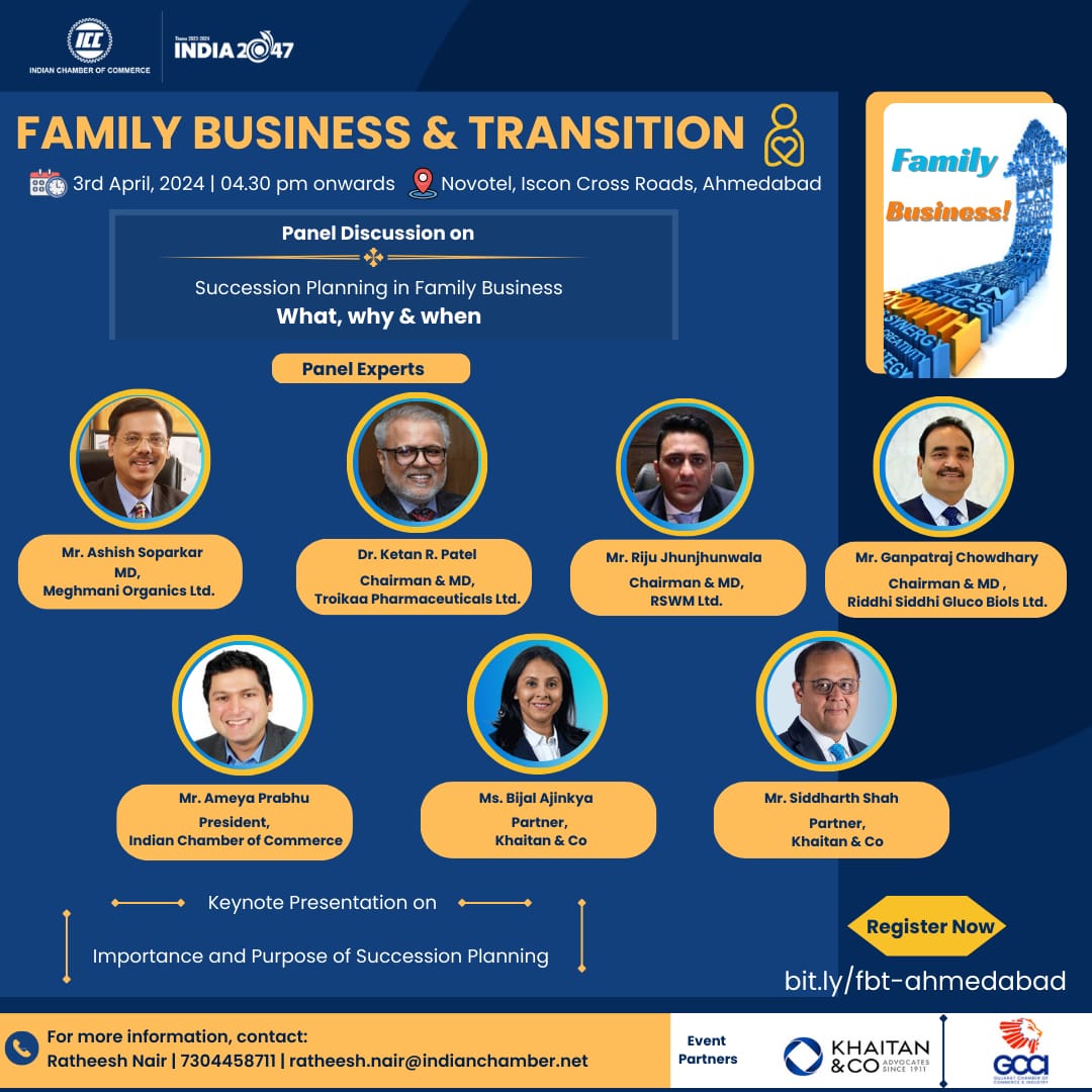 Block your date for a high-level networking conference on ‘Family Business & Transition’ Date: 3rd April, 2024 Time: 4:30 pm onwards. Venue: Ahmedabad Management Association, Gujarat. The deliberation will focus on what it takes for Indian businesses to shift gears for