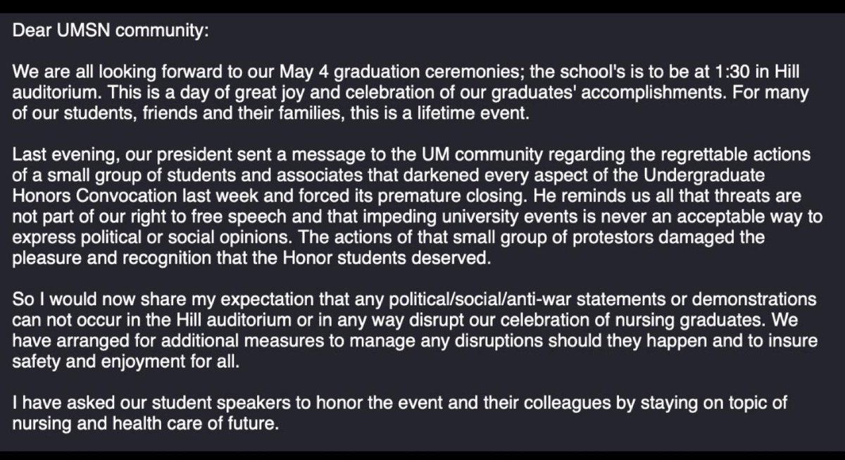 basit_ak_zafar's tweet photo. U-M Pres: I am considering banning all forms of active student protest

U-M Nursing School Dean: I can one-up you. I will do that and restrict speech of student speakers

This is happening at a leading public university in a democracy. Unbelievable! https://t.co/aGvRzlLulG