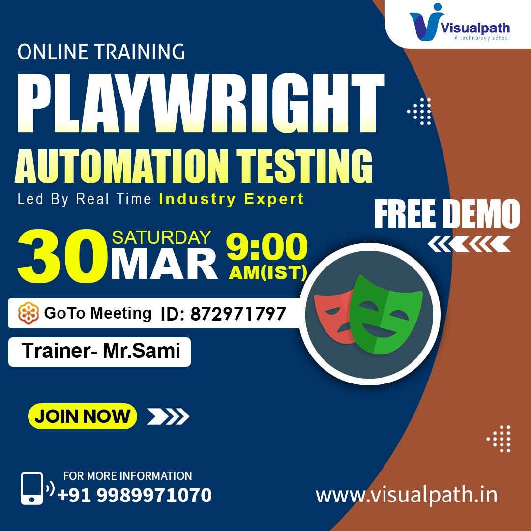 VisualpathPro's tweet image. Join Now: bit.ly/49uDbeN
Attend Online #FreeDemo on #Playwrightautomationtesting 
Demo on: 30th MARCH , 2024@ 09:00 AM (IST).
Call on: +91 9989971070
WhatsApp: bit.ly/47eayBz
Visit: visualpath.in/playwright-aut…
#Playwright #playwrightautomation #PlaywrightJS #testing
