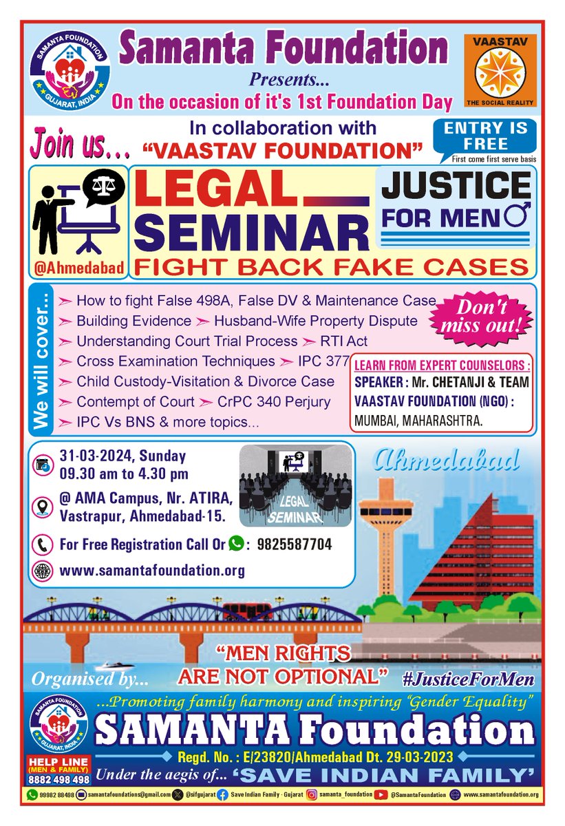 We #SamantaFoundation-Gujarat organized a #LegalSeminar on 'How to fight #FalseCases' Dt 31-3-24 @ AMA, Ahmedabad
#JusticeForMen
@BIbhopal
@DaamanNGO
@HridayaNFH
@InsaafNGO
@sifngp
@sifchandigarh
@SIFChtg
@SIFKtka
@SIFHYD
@SifAgraTigers
@SFFNGO
@MenWelfare
@vaastavngo
@sifgujarat